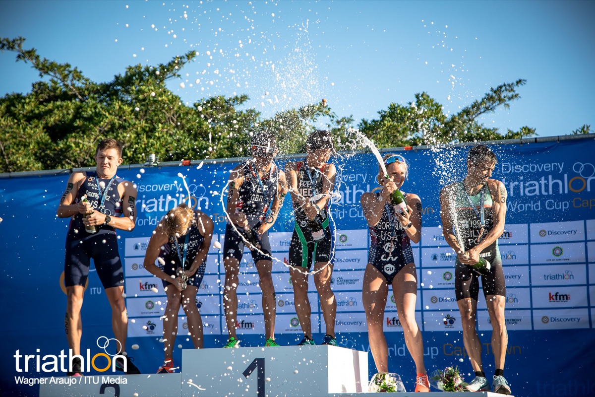 Celebrating on the podium at the Cape Town triathlon World Cup